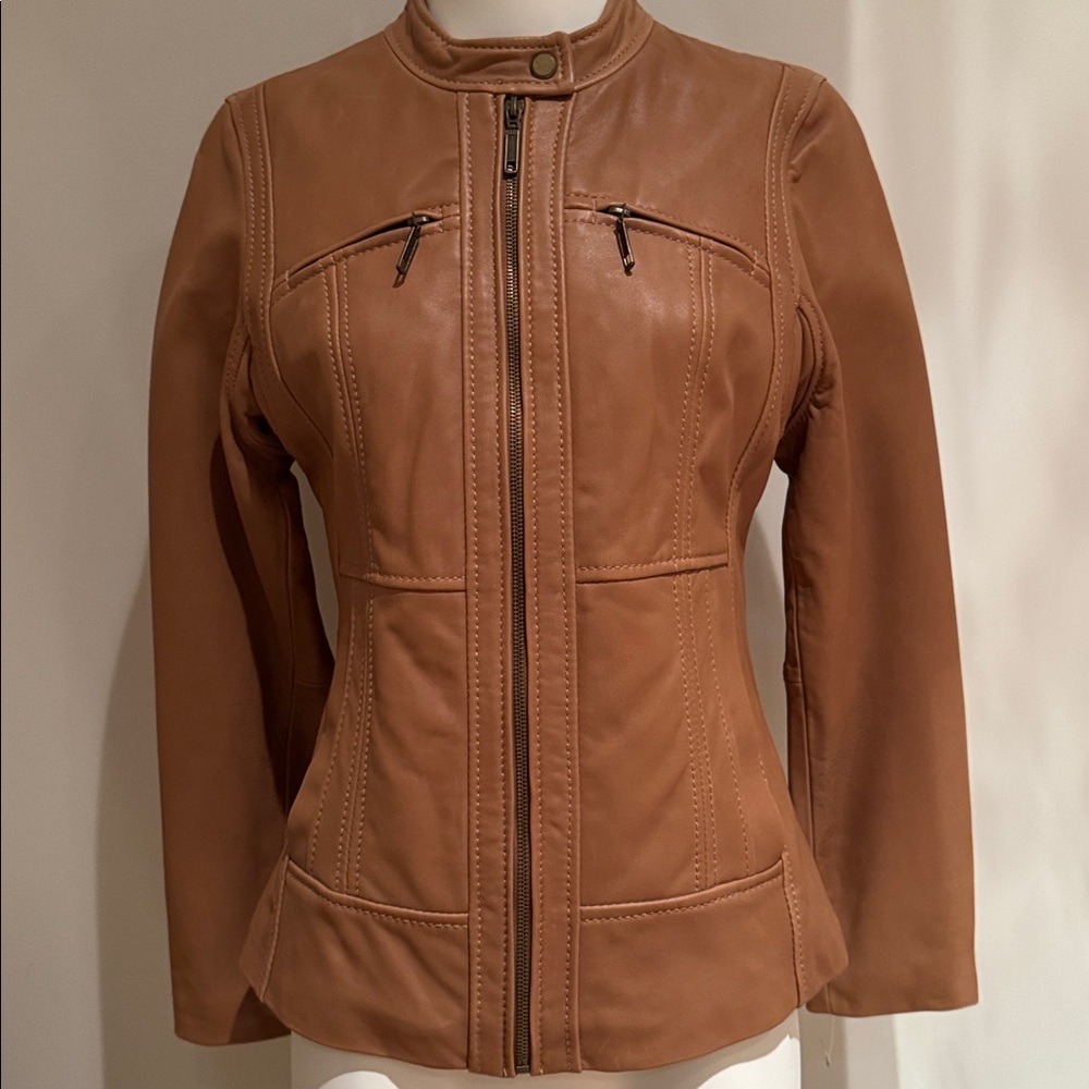 PECK & PECK LEATHER JACKET IN CAMEL COLOR SEDONA COLLECTION SIZE SMALL